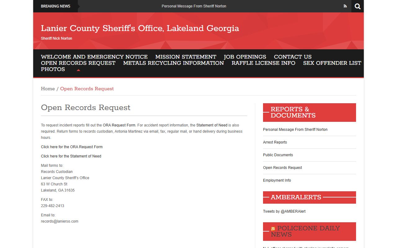 Lanier County inmate records open records request page